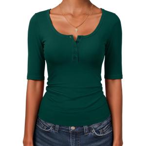 image:imageANRABESS Womens Half Sleeve Tops Summer Slim Fitted Henley Shirts 2026 Spring Basic Tees Dressy Casual Blouses Cute T ShirtForest Green