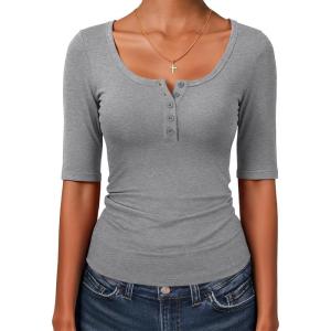image:imageANRABESS Womens Half Sleeve Tops Summer Slim Fitted Henley Shirts 2026 Spring Basic Tees Dressy Casual Blouses Cute T ShirtGrey