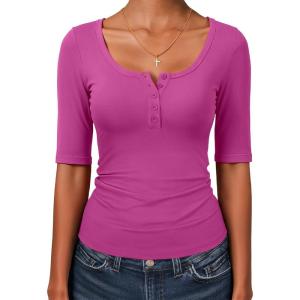 image:imageANRABESS Womens Half Sleeve Tops Summer Slim Fitted Henley Shirts 2026 Spring Basic Tees Dressy Casual Blouses Cute T ShirtHot Pink