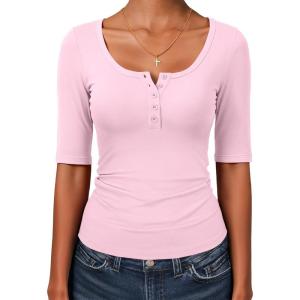 image:imageANRABESS Womens Half Sleeve Tops Summer Slim Fitted Henley Shirts 2026 Spring Basic Tees Dressy Casual Blouses Cute T ShirtLight Pink
