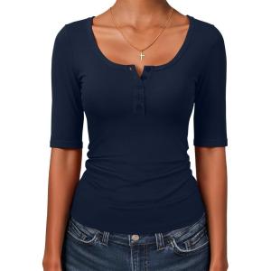 image:imageANRABESS Womens Half Sleeve Tops Summer Slim Fitted Henley Shirts 2026 Spring Basic Tees Dressy Casual Blouses Cute T ShirtNavy Blue