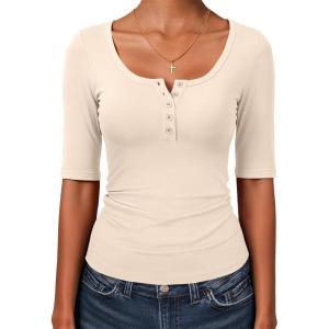 image:imageANRABESS Womens Half Sleeve Tops Summer Slim Fitted Henley Shirts 2026 Spring Basic Tees Dressy Casual Blouses Cute T ShirtParchment