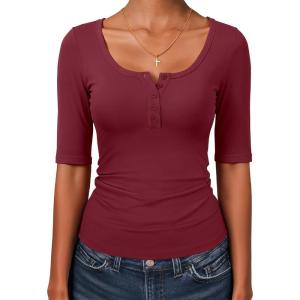 image:imageANRABESS Womens Half Sleeve Tops Summer Slim Fitted Henley Shirts 2026 Spring Basic Tees Dressy Casual Blouses Cute T ShirtRed