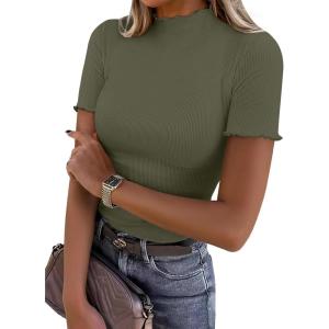 image:imageANRABESS Womens Lettuce Trim Mock Neck Short Sleeve Tops Casual Ribbed Knit Slim Fit Tee Shirt Spring Layer Vacation OutfitsArmy Green