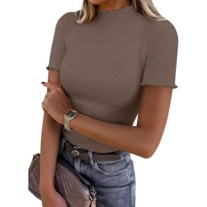 image:imageANRABESS Womens Lettuce Trim Mock Neck Short Sleeve Tops Casual Ribbed Knit Slim Fit Tee Shirt Spring Layer Vacation OutfitsLight Brown