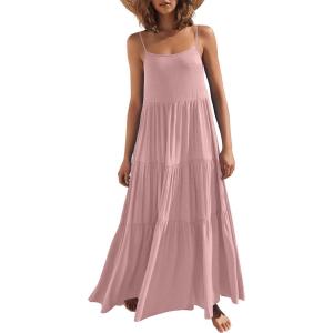 image:imageANRABESS Womens Maxi Dress 2026 Summer Casual Sleeveless Spaghetti Strap Boho Sundress Flowy Tiered Beach Vacation Long DressBright Pink