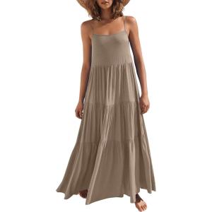 image:imageANRABESS Womens Maxi Dress 2026 Summer Casual Sleeveless Spaghetti Strap Boho Sundress Flowy Tiered Beach Vacation Long DressLight Camel