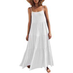 image:imageANRABESS Womens Maxi Dress 2026 Summer Casual Sleeveless Spaghetti Strap Boho Sundress Flowy Tiered Beach Vacation Long DressWhite