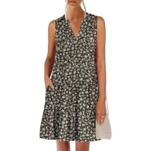 image:imageANRABESS Womens Mini Dresses Sleeveless V Neck Tiered Swing Going Out Beach Vacation Sundress 2026 Summer Casual OutfitsBlack White Floral