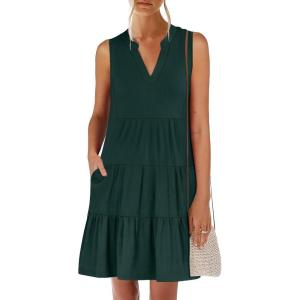 image:imageANRABESS Womens Mini Dresses Sleeveless V Neck Tiered Swing Going Out Beach Vacation Sundress 2026 Summer Casual OutfitsDeep Green