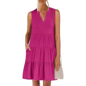 image:imageANRABESS Womens Mini Dresses Sleeveless V Neck Tiered Swing Going Out Beach Vacation Sundress 2026 Summer Casual OutfitsHot Pink