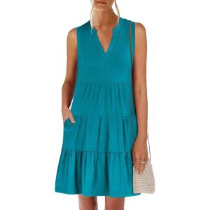 image:imageANRABESS Womens Mini Dresses Sleeveless V Neck Tiered Swing Going Out Beach Vacation Sundress 2026 Summer Casual OutfitsLake Green