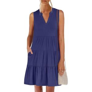 image:imageANRABESS Womens Mini Dresses Sleeveless V Neck Tiered Swing Going Out Beach Vacation Sundress 2026 Summer Casual OutfitsNavy Blue