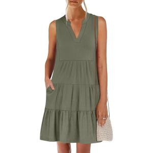 image:imageANRABESS Womens Mini Dresses Sleeveless V Neck Tiered Swing Going Out Beach Vacation Sundress 2026 Summer Casual OutfitsOlive