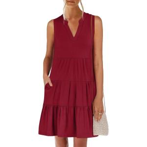 image:imageANRABESS Womens Mini Dresses Sleeveless V Neck Tiered Swing Going Out Beach Vacation Sundress 2026 Summer Casual OutfitsWine Red