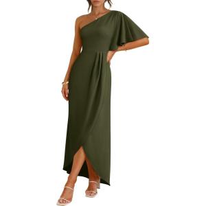 image:imageANRABESS Womens One Shoulder Formal Midi Dresses 2026 Summer Wrap High Slit Beach Wedding Guest Party Cocktail Maxi DressArmy Green