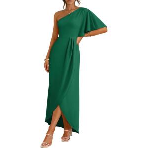 image:imageANRABESS Womens One Shoulder Formal Midi Dresses 2026 Summer Wrap High Slit Beach Wedding Guest Party Cocktail Maxi DressDeep Green