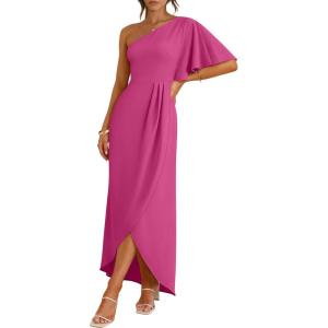 image:imageANRABESS Womens One Shoulder Formal Midi Dresses 2026 Summer Wrap High Slit Beach Wedding Guest Party Cocktail Maxi DressHot Pink