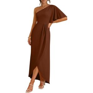 image:imageANRABESS Womens One Shoulder Formal Midi Dresses 2026 Summer Wrap High Slit Beach Wedding Guest Party Cocktail Maxi DressRed Brown