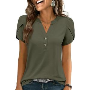 image:imageANRABESS Womens Petal Short Sleeve Henley Shirts Summer 2026 V Neck Dressy Casual Blouses Spring Business Work Tunic TopsArmy Green