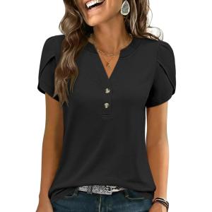 image:imageANRABESS Womens Petal Short Sleeve Henley Shirts Summer 2026 V Neck Dressy Casual Blouses Spring Business Work Tunic TopsBlack