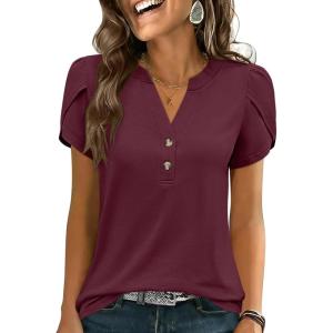 image:imageANRABESS Womens Petal Short Sleeve Henley Shirts Summer 2026 V Neck Dressy Casual Blouses Spring Business Work Tunic TopsBurgundy