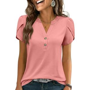 image:imageANRABESS Womens Petal Short Sleeve Henley Shirts Summer 2026 V Neck Dressy Casual Blouses Spring Business Work Tunic TopsCoral