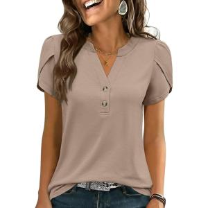 image:imageANRABESS Womens Petal Short Sleeve Henley Shirts Summer 2026 V Neck Dressy Casual Blouses Spring Business Work Tunic TopsKhaki