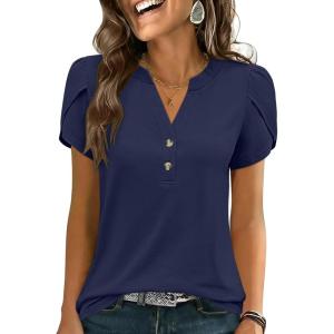 image:imageANRABESS Womens Petal Short Sleeve Henley Shirts Summer 2026 V Neck Dressy Casual Blouses Spring Business Work Tunic TopsNavy Blue