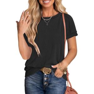 image:imageANRABESS Womens Short Sleeve Crewneck Shirts Ribbed Knit High Low Hem T Shirt 2026 Summer Spring Casual Tops Trendy ClothesBlack
