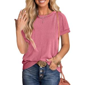 image:imageANRABESS Womens Short Sleeve Crewneck Shirts Ribbed Knit High Low Hem T Shirt 2026 Summer Spring Casual Tops Trendy ClothesCoral Pink