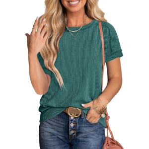 image:imageANRABESS Womens Short Sleeve Crewneck Shirts Ribbed Knit High Low Hem T Shirt 2026 Summer Spring Casual Tops Trendy ClothesDeep Green