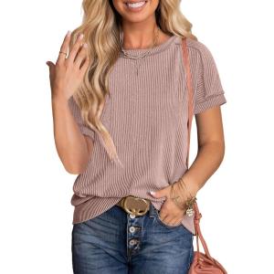 image:imageANRABESS Womens Short Sleeve Crewneck Shirts Ribbed Knit High Low Hem T Shirt 2026 Summer Spring Casual Tops Trendy ClothesKhaki Pink
