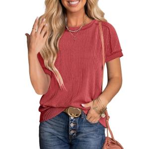 image:imageANRABESS Womens Short Sleeve Crewneck Shirts Ribbed Knit High Low Hem T Shirt 2026 Summer Spring Casual Tops Trendy ClothesRed