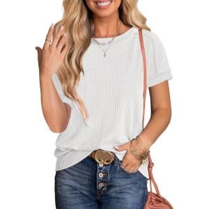 image:imageANRABESS Womens Short Sleeve Crewneck Shirts Ribbed Knit High Low Hem T Shirt 2026 Summer Spring Casual Tops Trendy ClothesWhite