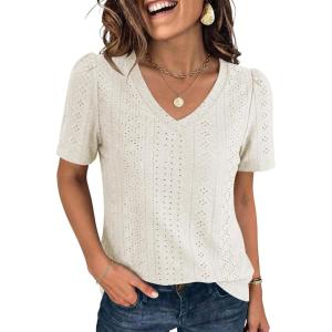 image:imageANRABESS Womens Short Sleeve Shirts Eyelet V Neck Tops Summer Business Casual Clothes 2026 Work Office TShirtsCream White
