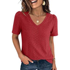 image:imageANRABESS Womens Short Sleeve Shirts Eyelet V Neck Tops Summer Business Casual Clothes 2026 Work Office TShirtsRed