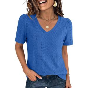 image:imageANRABESS Womens Short Sleeve Shirts Eyelet V Neck Tops Summer Business Casual Clothes 2026 Work Office TShirtsRoyal Blue