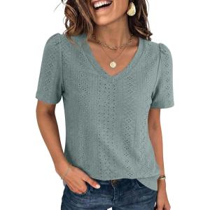 image:imageANRABESS Womens Short Sleeve Shirts Eyelet V Neck Tops Summer Business Casual Clothes 2026 Work Office TShirtsSage Green
