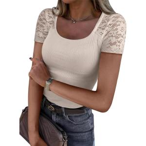 image:imageANRABESS Womens Short Sleeve Shirts Scoop Neck Lace Going Out Tops Slim Fit Rib Knit Casual Tee 2026 Summer Fashion OutfitsApricot