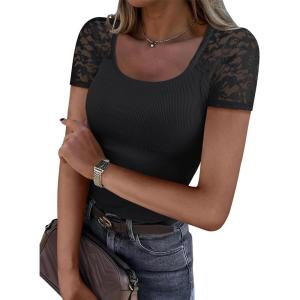 image:imageANRABESS Womens Short Sleeve Shirts Scoop Neck Lace Going Out Tops Slim Fit Rib Knit Casual Tee 2026 Summer Fashion OutfitsBlack