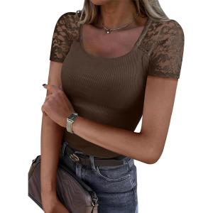 image:imageANRABESS Womens Short Sleeve Shirts Scoop Neck Lace Going Out Tops Slim Fit Rib Knit Casual Tee 2026 Summer Fashion OutfitsCoffee