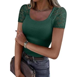 image:imageANRABESS Womens Short Sleeve Shirts Scoop Neck Lace Going Out Tops Slim Fit Rib Knit Casual Tee 2026 Summer Fashion OutfitsDeep Green