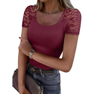 image:imageANRABESS Womens Short Sleeve Shirts Scoop Neck Lace Going Out Tops Slim Fit Rib Knit Casual Tee 2026 Summer Fashion OutfitsDeep Red