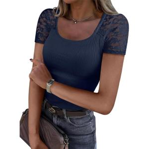 image:imageANRABESS Womens Short Sleeve Shirts Scoop Neck Lace Going Out Tops Slim Fit Rib Knit Casual Tee 2026 Summer Fashion OutfitsNavy Blue