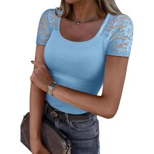 image:imageANRABESS Womens Short Sleeve Shirts Scoop Neck Lace Going Out Tops Slim Fit Rib Knit Casual Tee 2026 Summer Fashion OutfitsSky Blue