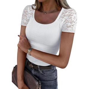 image:imageANRABESS Womens Short Sleeve Shirts Scoop Neck Lace Going Out Tops Slim Fit Rib Knit Casual Tee 2026 Summer Fashion OutfitsWhite