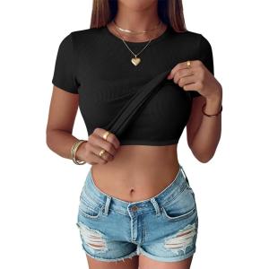 image:imageANRABESS Womens Short Sleeve Tops Built in Bra Slim Fitted Ribbed Knit Crewneck Shirts 2026 Casual Summer Basic Tee ClothesBlack