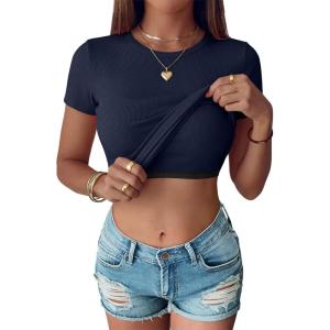 image:imageANRABESS Womens Short Sleeve Tops Built in Bra Slim Fitted Ribbed Knit Crewneck Shirts 2026 Casual Summer Basic Tee ClothesNavy Blue