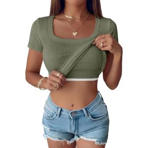 image:imageANRABESS Womens Short Sleeve Tops Built in Bra Summer T Shirts Scoop Neck Ribbed Knit Fitted Basic Tee Casual Going Out TopArmy Green